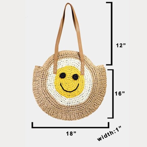 Smiley Happy Face Round Straw Beach Tote Bag NWT - Picture 4 of 5